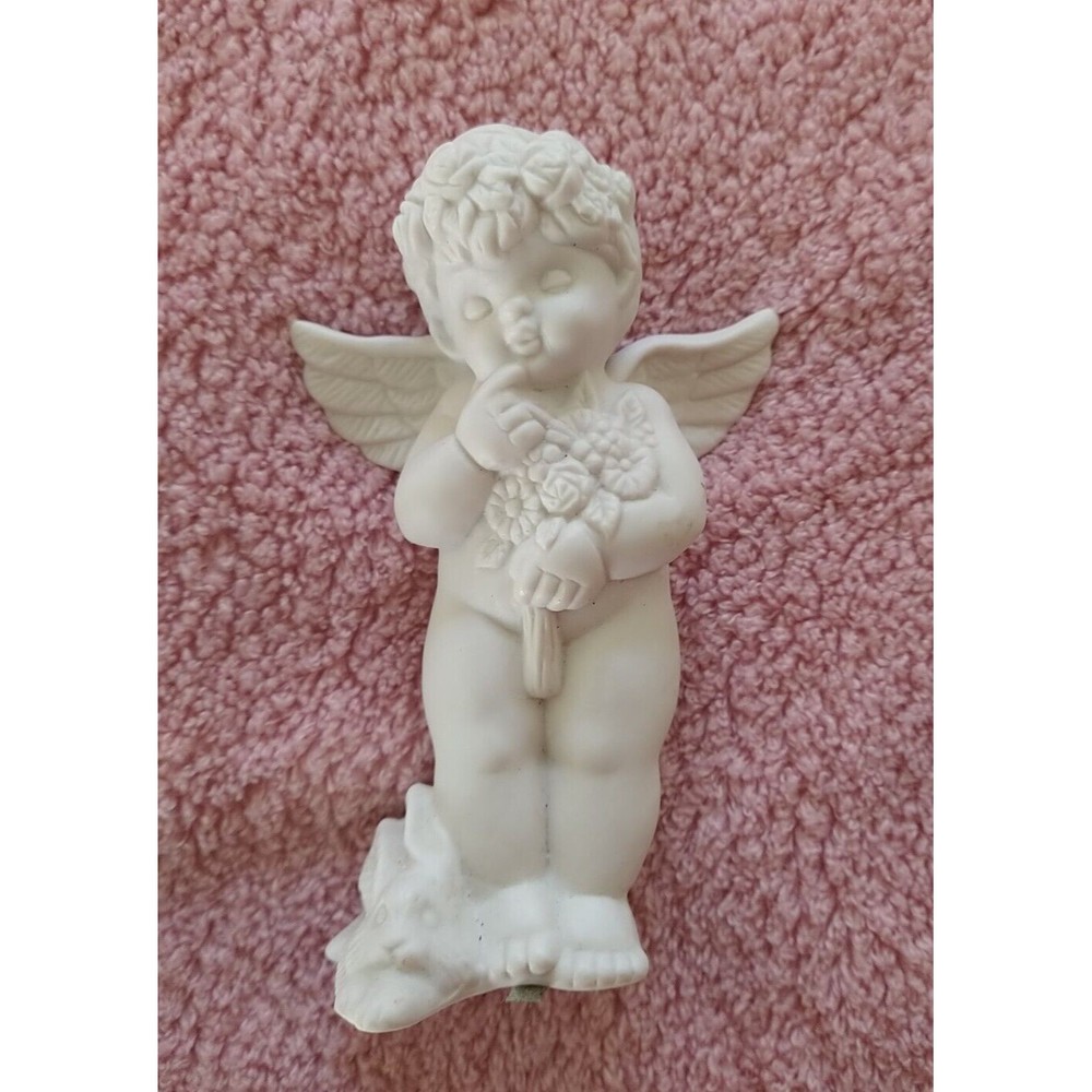 White Angel Cupid Holding Flowers With A Rabbit Figurine